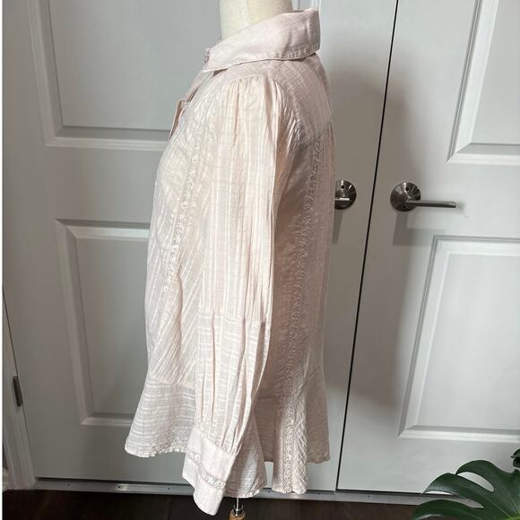 Free People Mikaela Light Pink Embroidered Button Front Tie Neck Cotton Tunic XS - Picture 4 of 14